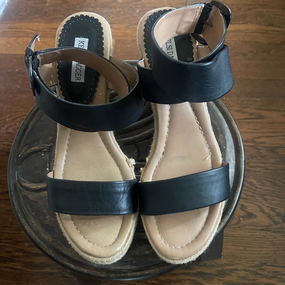 Black leather ankle strap wedge heels